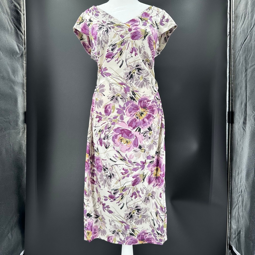 London Style Nights Purple Floral Satin Ruched Sheath Midi Dress Size 12